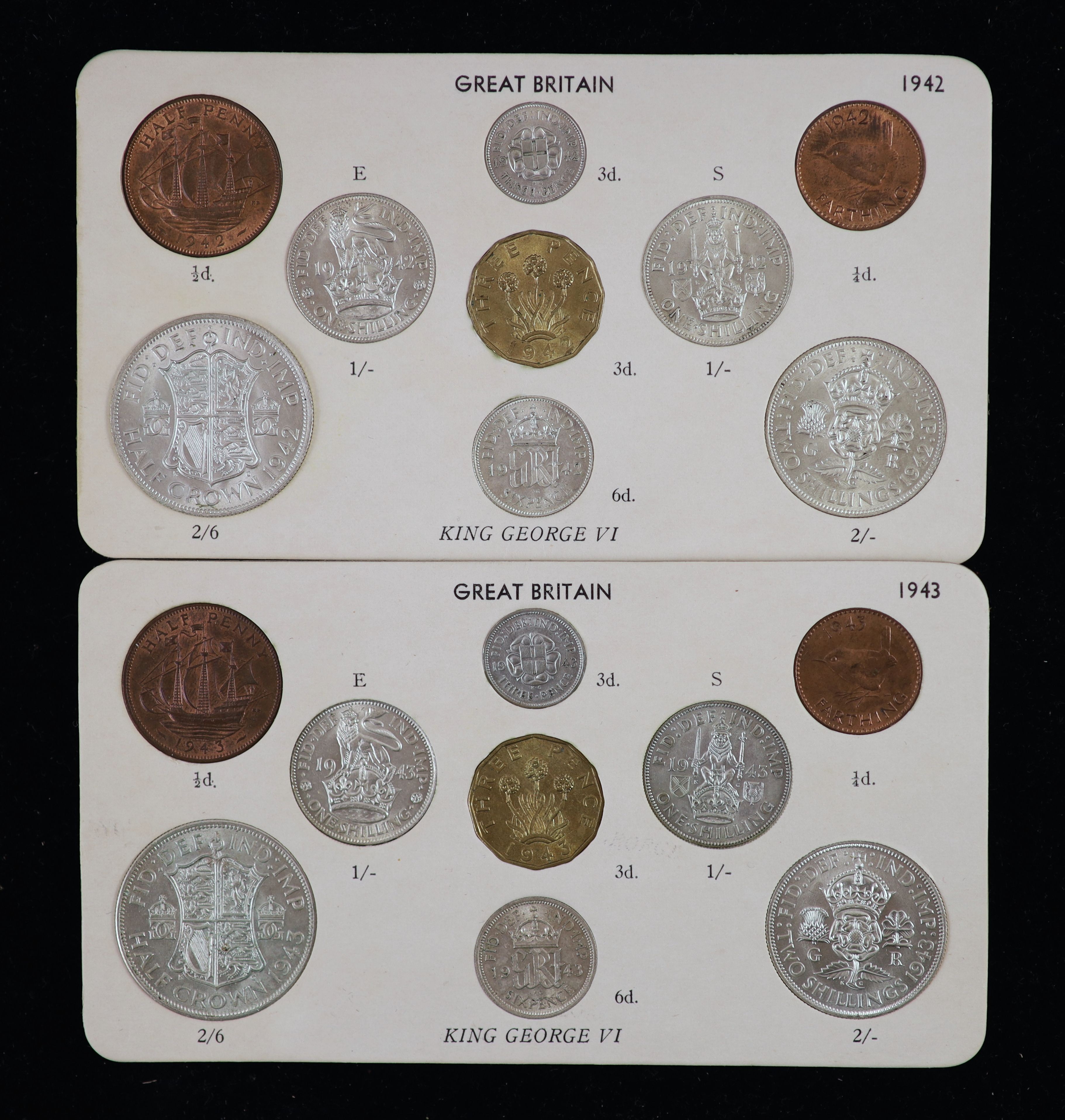 George VI specimen coin sets for 1938, 1939, 1940, 1941, 1942 and 1943, first coinage, the majority about EF or better